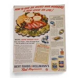 1944 Hellmann's Mayo "Give Wilted War Workers A New Lease on Life!" Vtg Print Ad